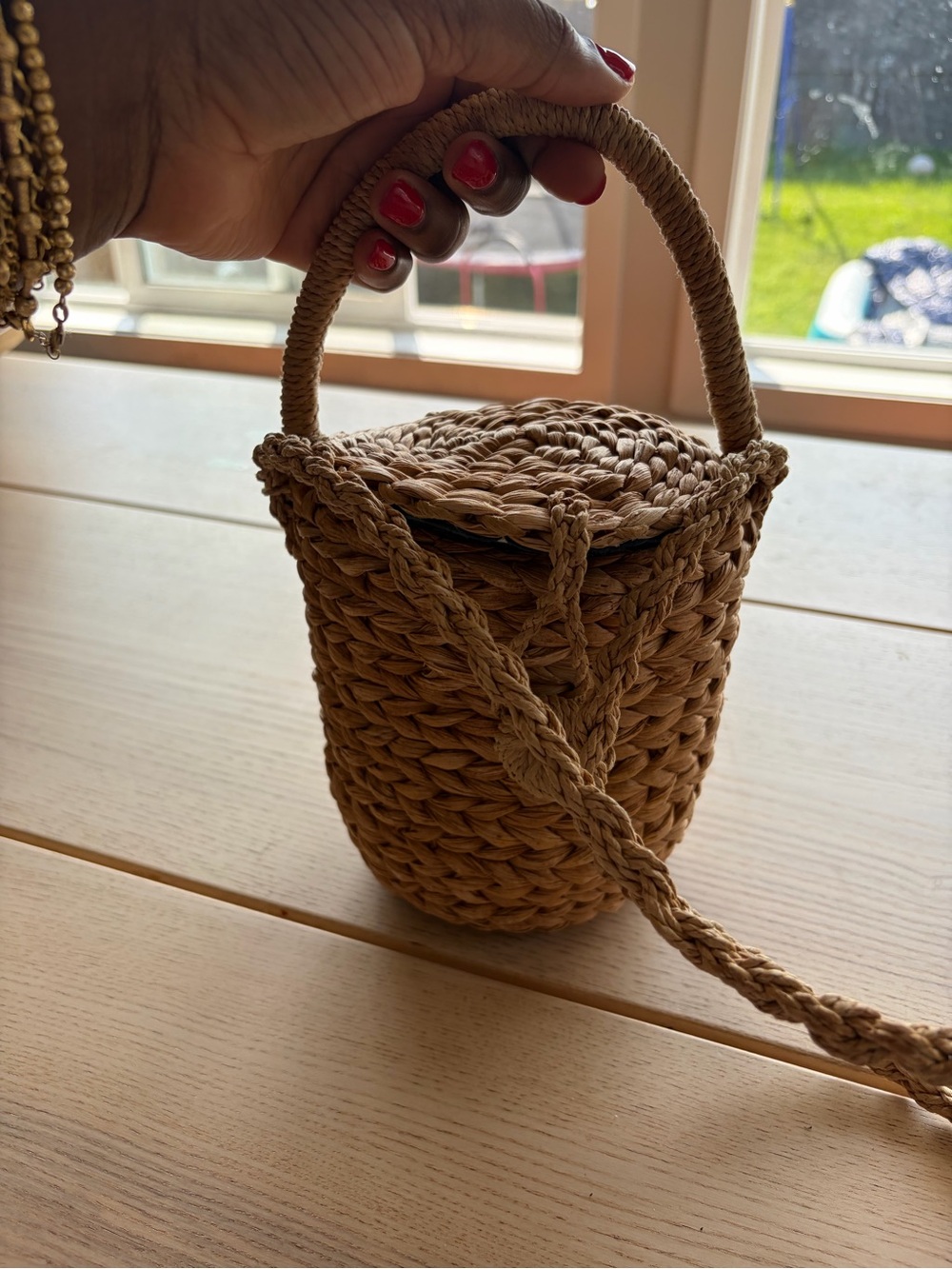 Zina Eva Woven Mini Bucket Bag in Natural Tan